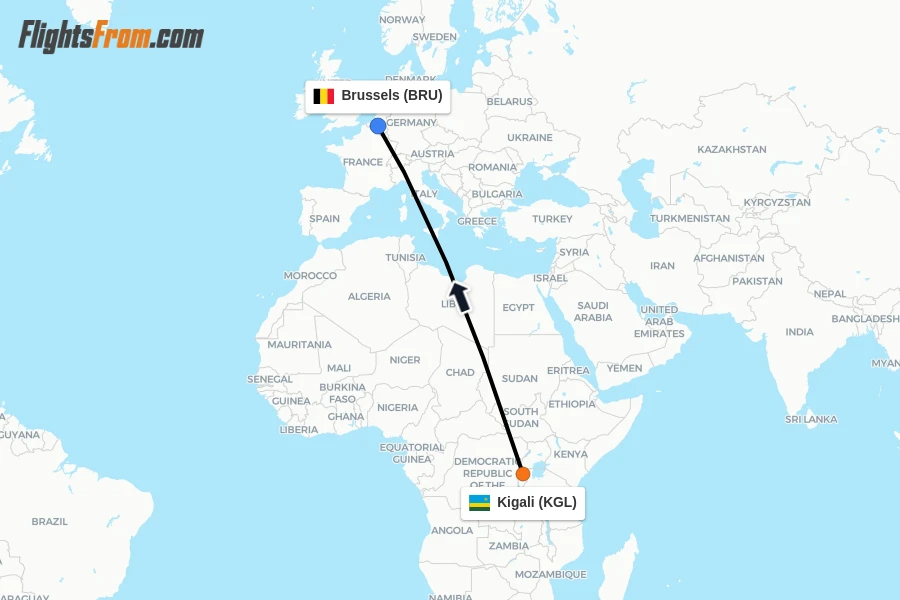 Flights from Kigali to Brussels route map