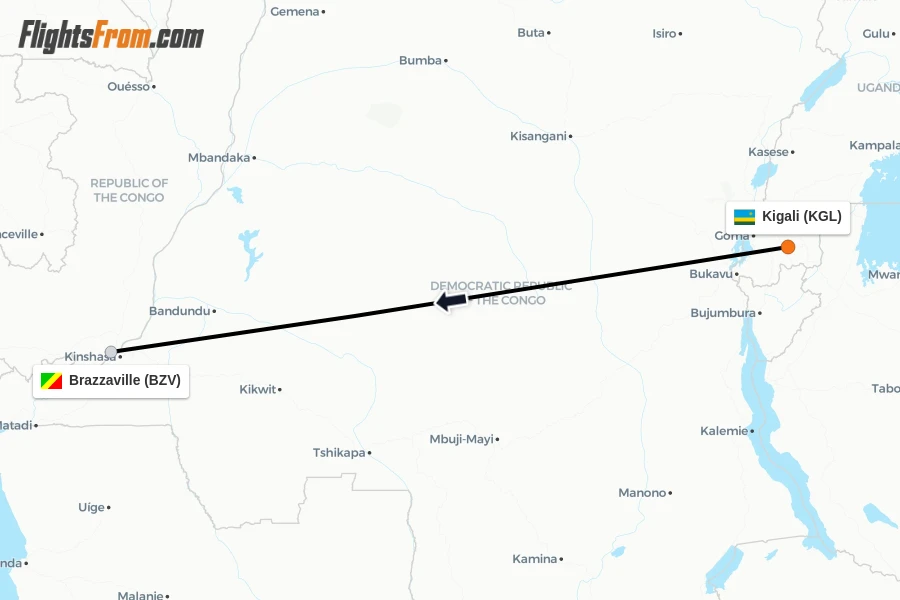 Flights from Kigali to Brazzaville route map