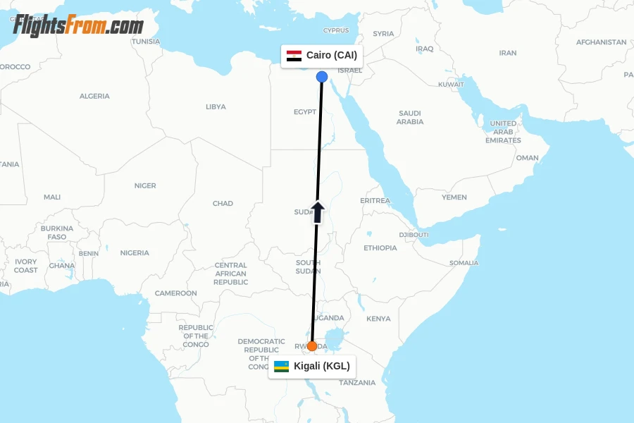 Flights from Kigali to Cairo route map