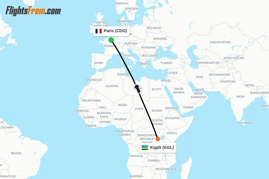 Flights from Kigali to Paris route map