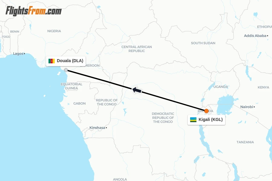 Flights from Kigali to Douala route map