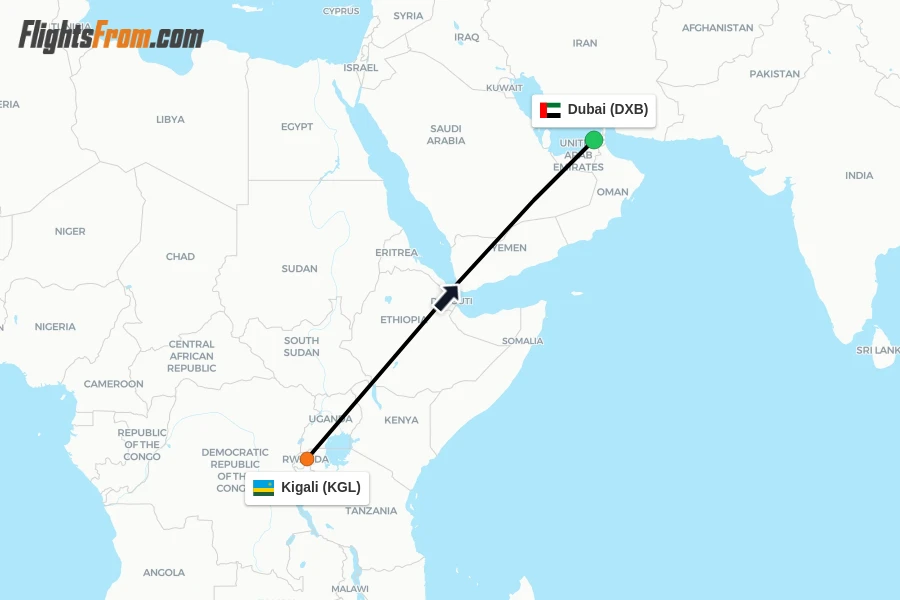 Flights from Kigali to Dubai route map