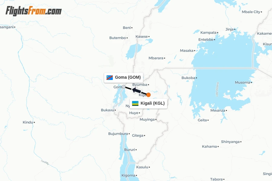 Flights from Kigali to Goma route map