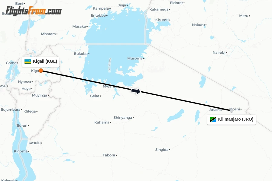 Flights from Kigali to Kilimanjaro route map