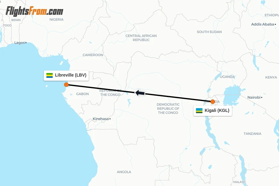 Flights from Kigali to Libreville route map