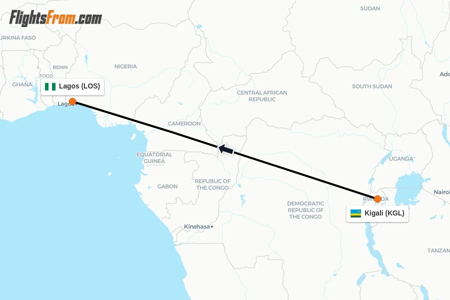 Flights from Kigali to Lagos route map