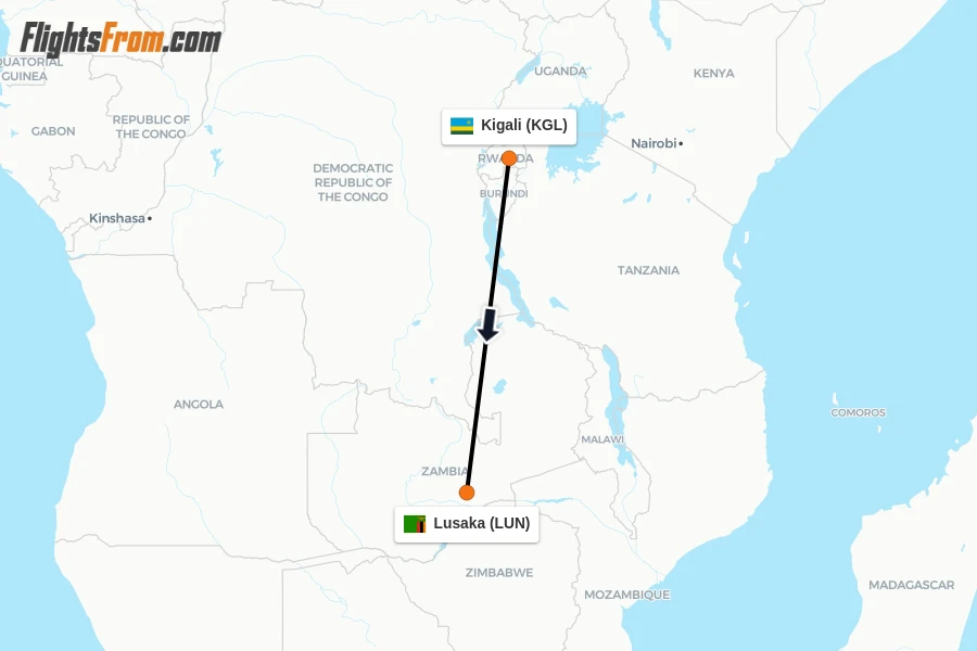Flights from Kigali to Lusaka route map
