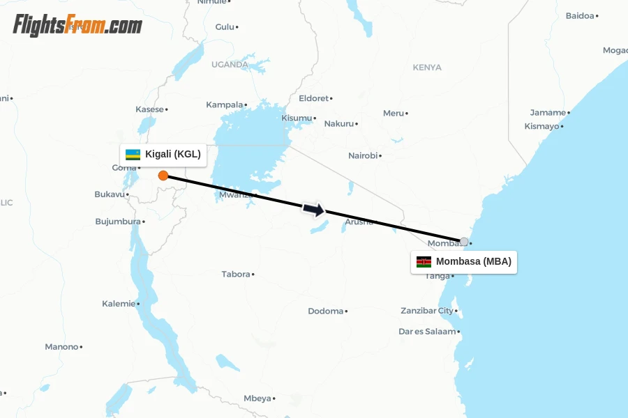 Flights from Kigali to Mombasa route map