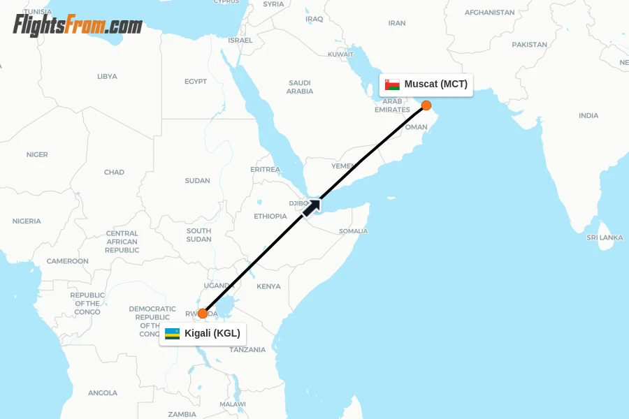 Flights from Kigali to Muscat route map