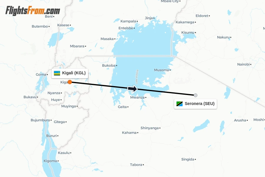 Flights from Kigali to Seronera route map