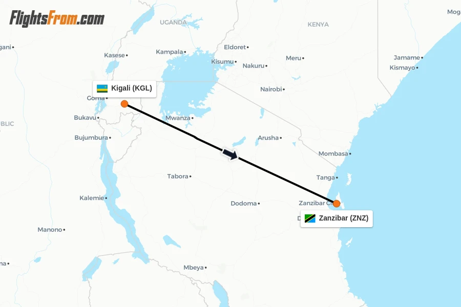Flights from Kigali to Zanzibar route map