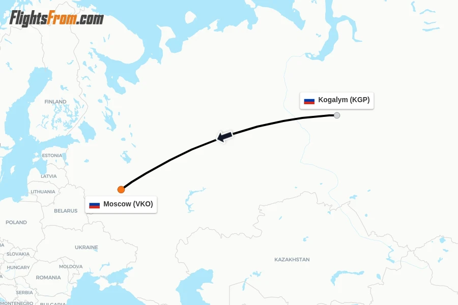 Flights from Kogalym to Moscow route map