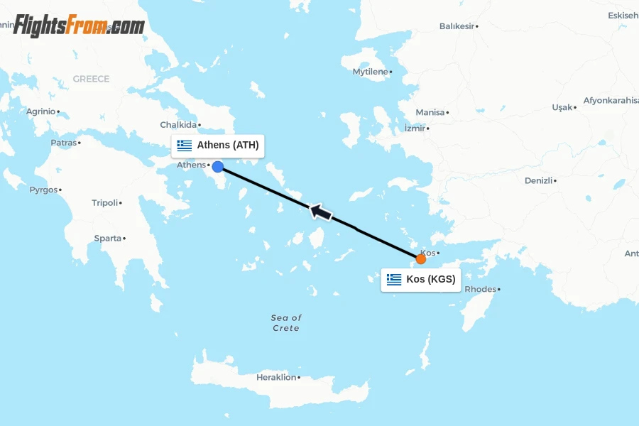 Flights from Kos to Athens route map