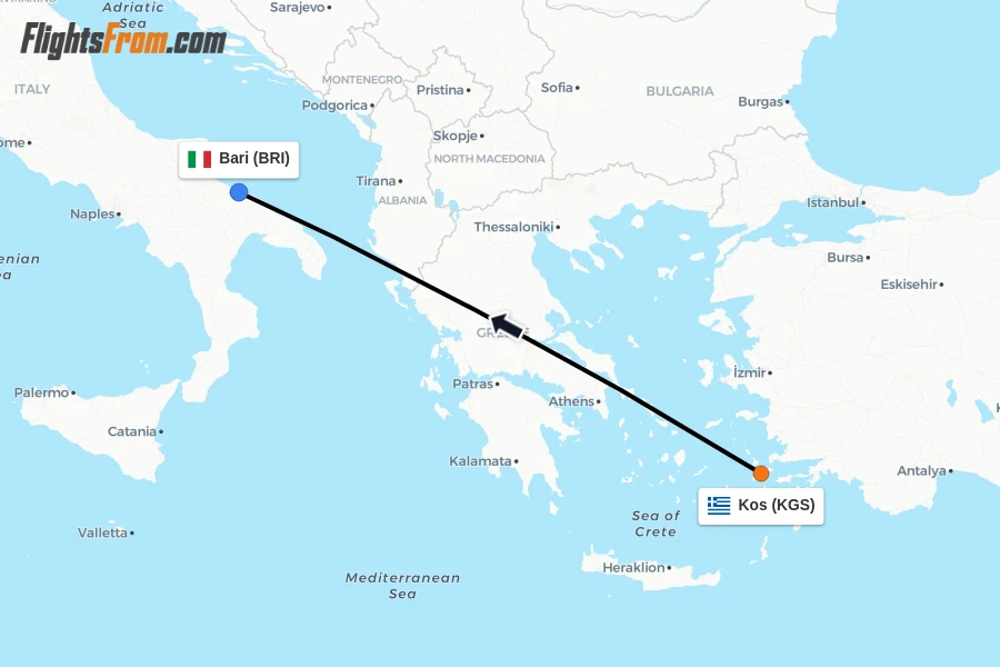 Flights from Kos to Bari route map
