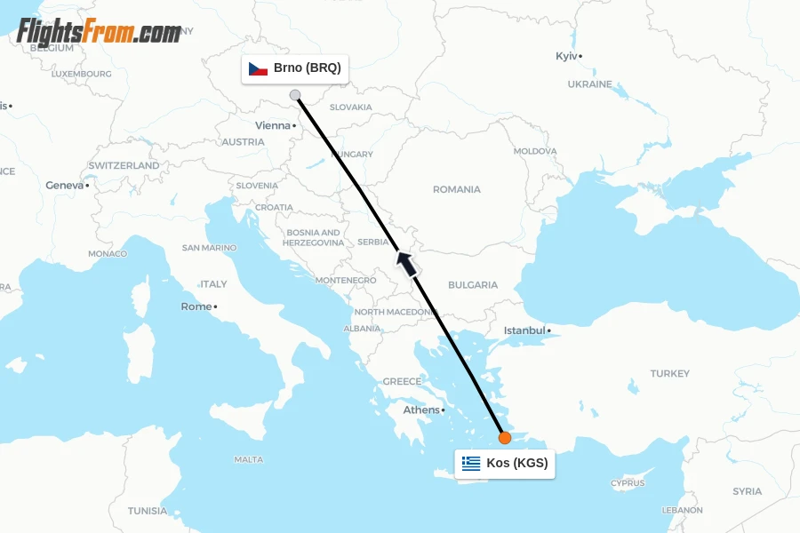 Flights from Kos to Brno route map