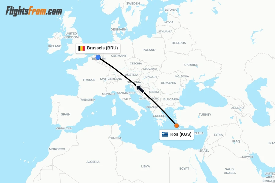 Flights from Kos to Brussels route map