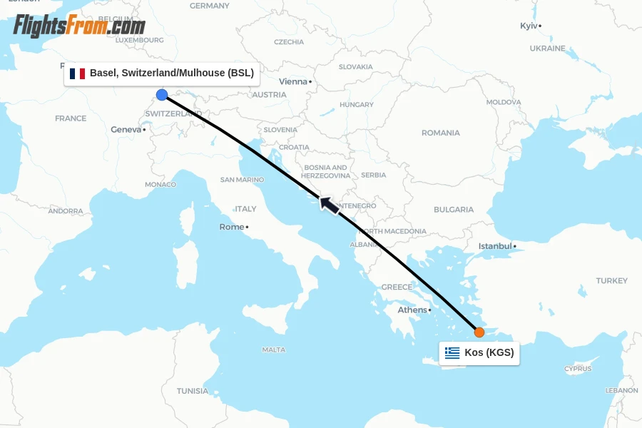 Flights from Kos to Basel, Switzerland/Mulhouse route map
