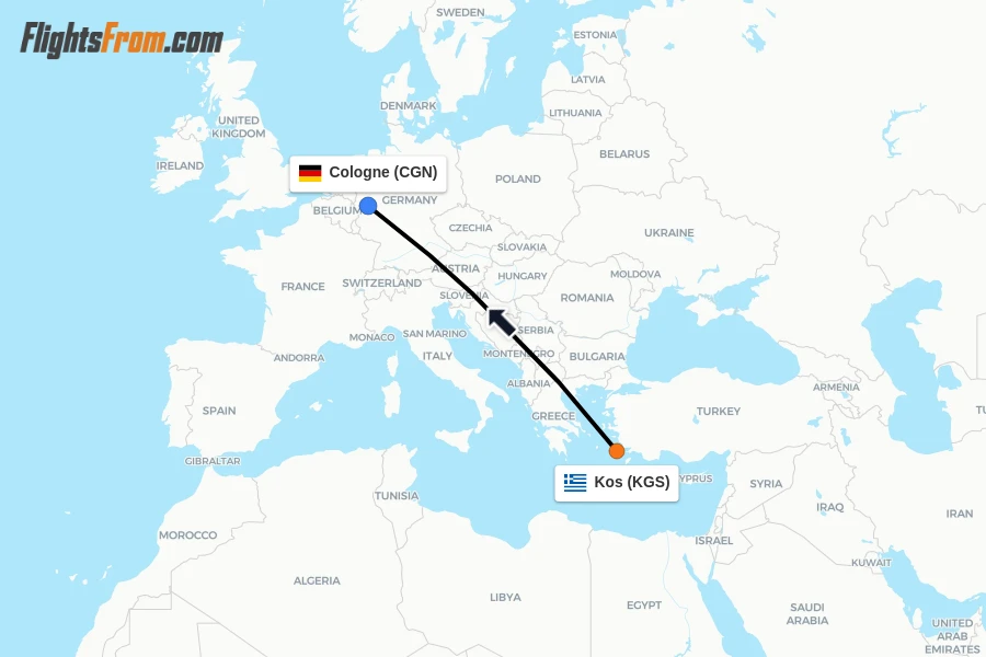 Flights from Kos to Cologne route map