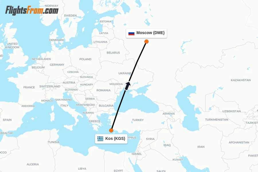 Flights from Kos to Moscow route map