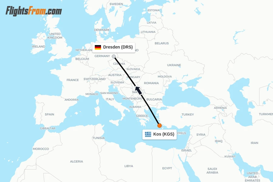 Flights from Kos to Dresden route map