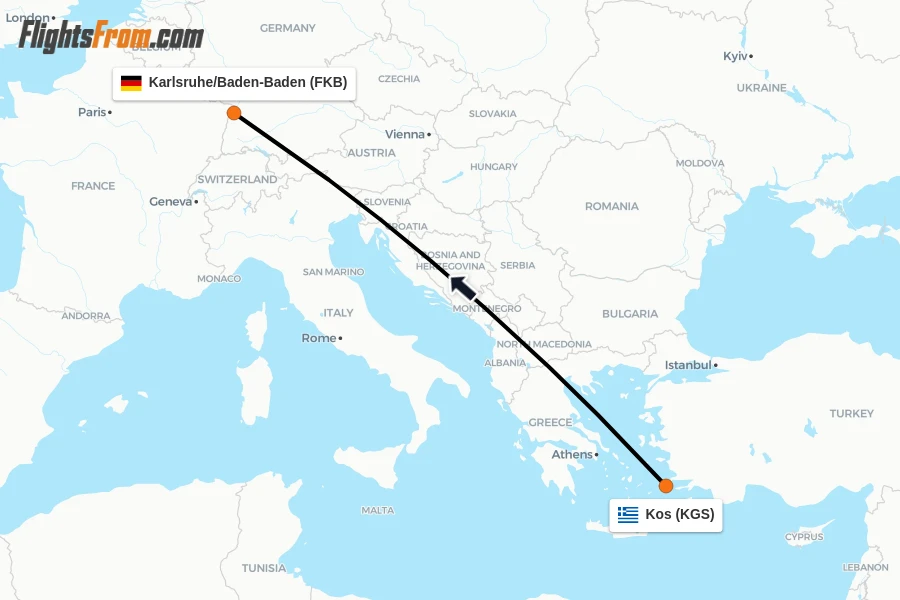 Flights from Kos to Karlsruhe/Baden-Baden route map