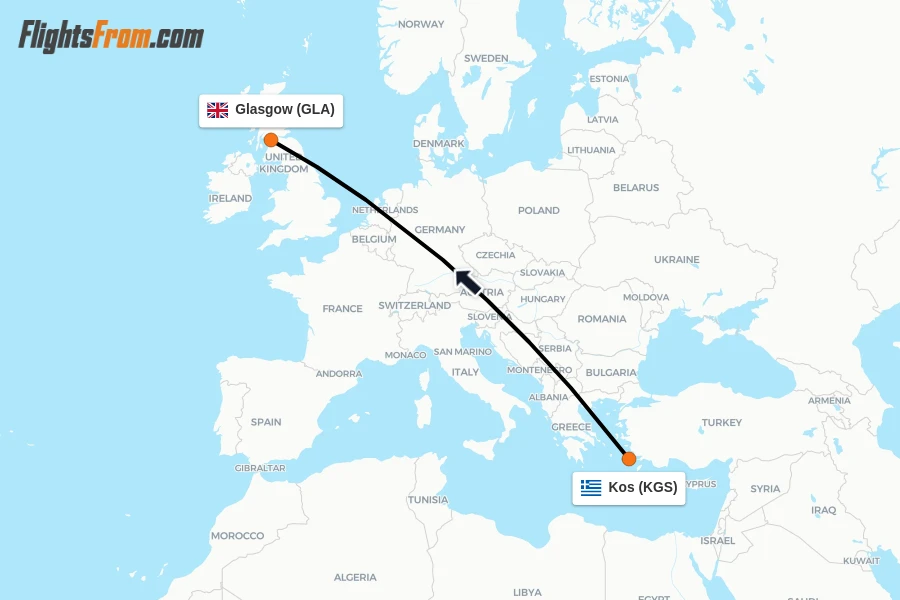 Flights from Kos to Glasgow route map