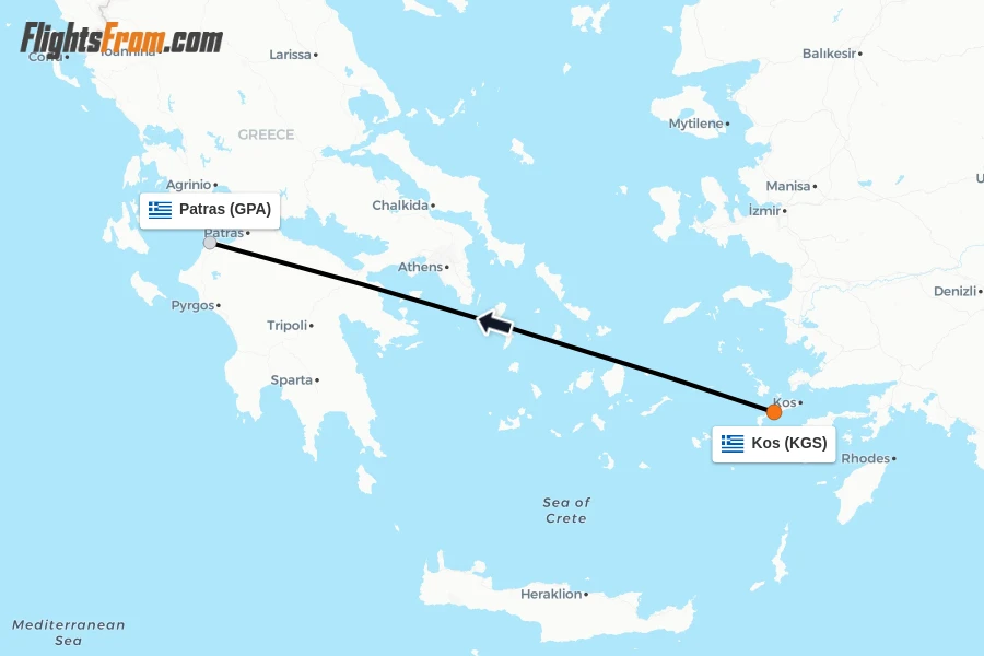 Flights from Kos to Patras route map