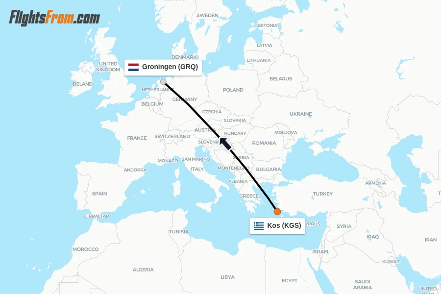Flights from Kos to Groningen route map