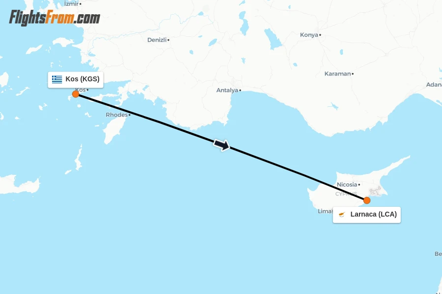 Flights from Kos to Larnaca route map