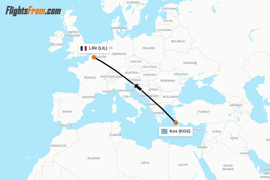 Flights from Kos to Lille route map