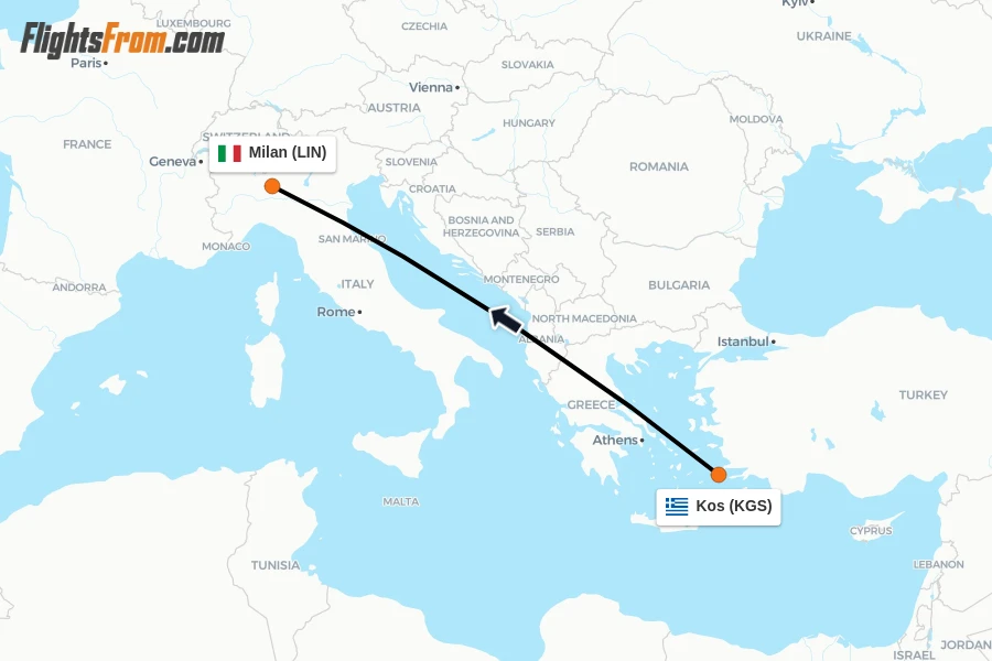 Flights from Kos to Milan route map