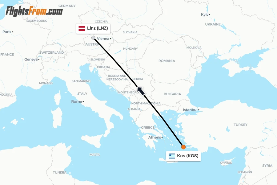 Flights from Kos to Linz route map