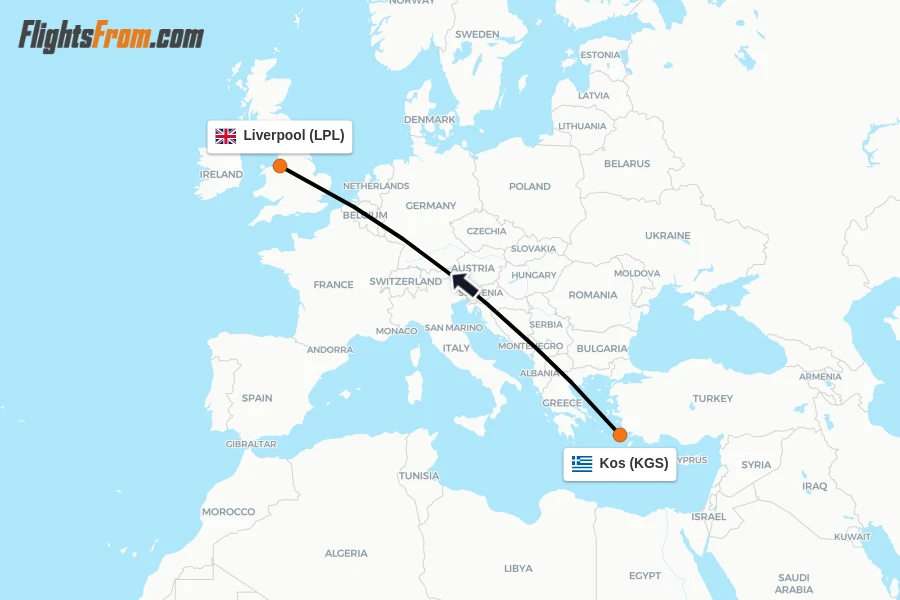Flights from Kos to Liverpool route map