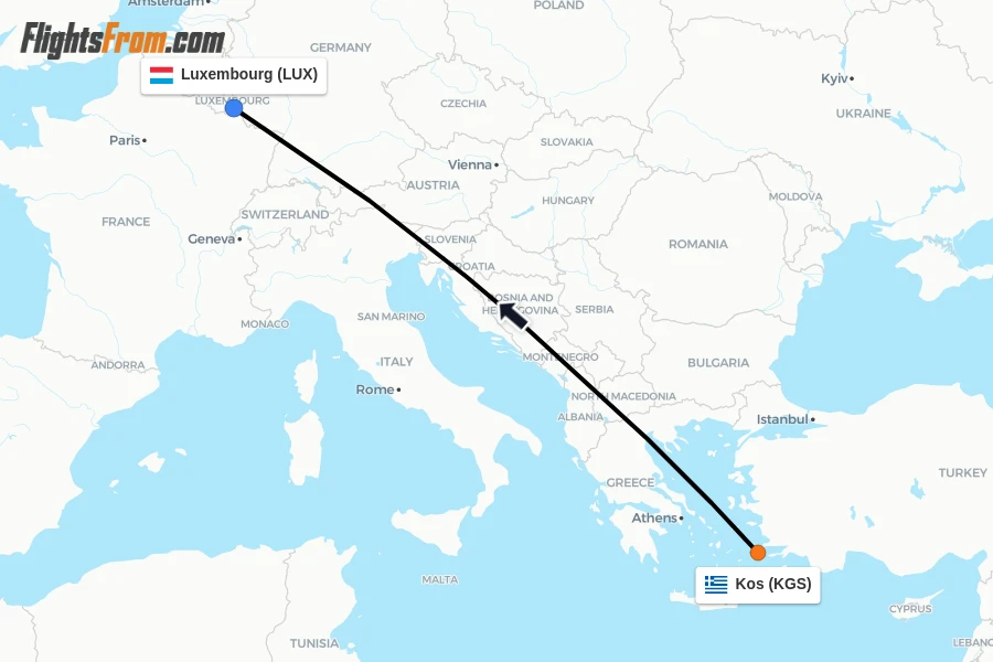 Flights from Kos to Luxembourg route map