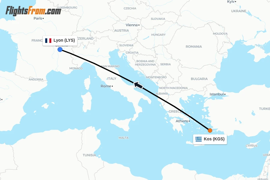 Flights from Kos to Lyon route map
