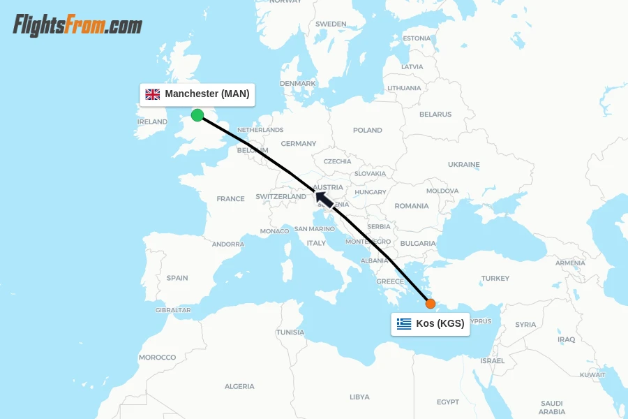 Flights from Kos to Manchester route map