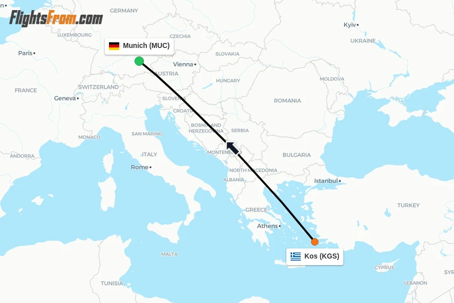 Flights from Kos to Munich route map