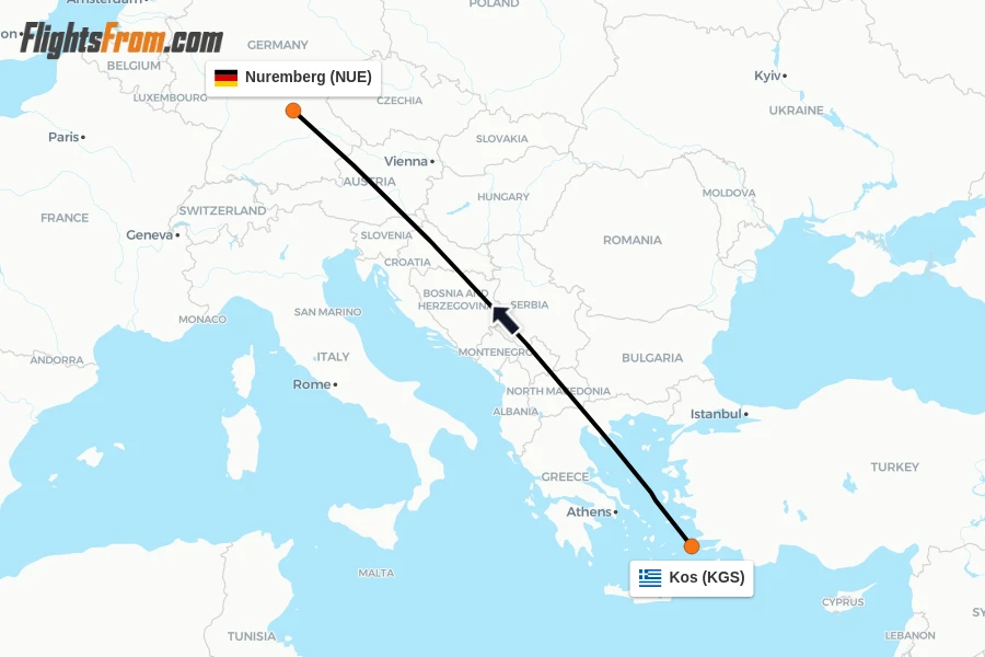 Flights from Kos to Nuremberg route map