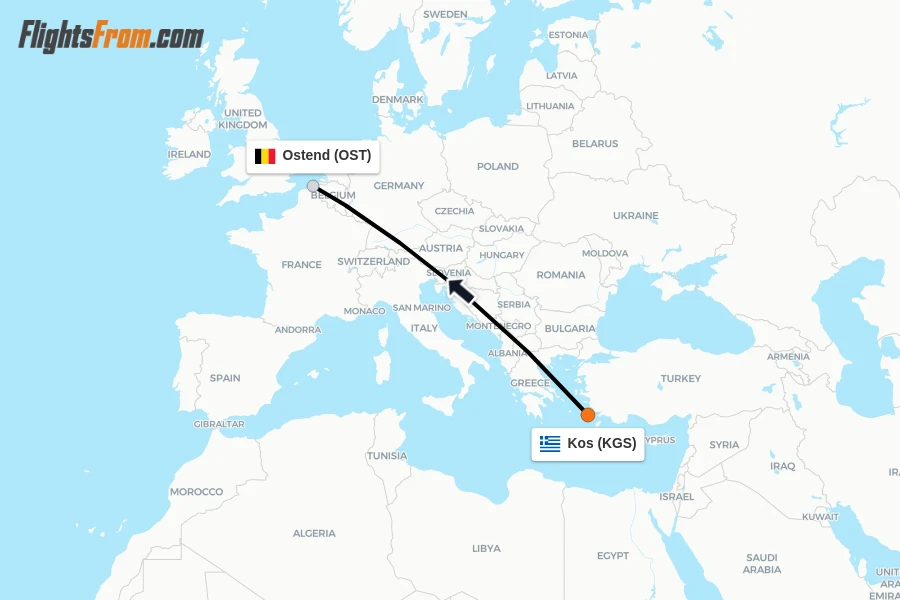 Flights from Kos to Ostend route map