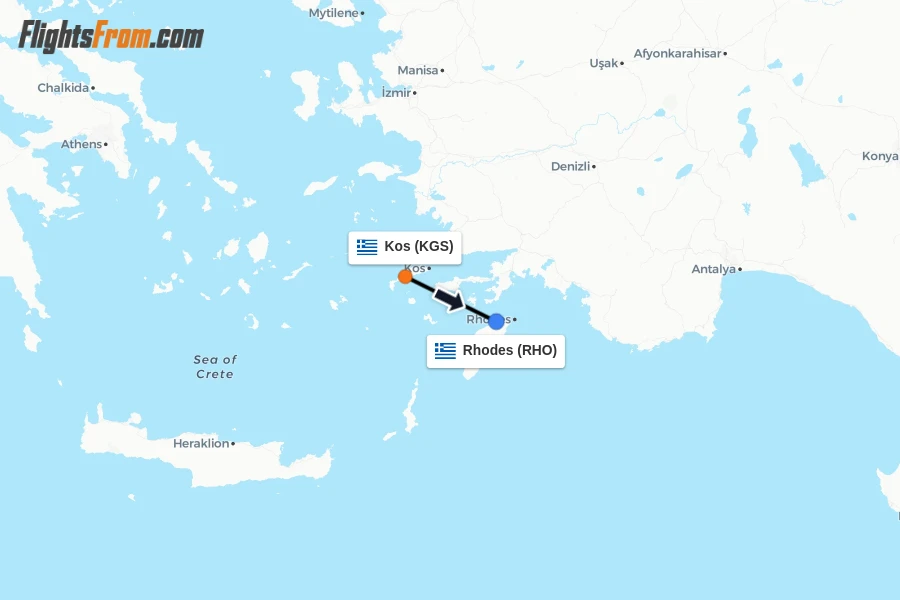 Flights from Kos to Rhodes route map