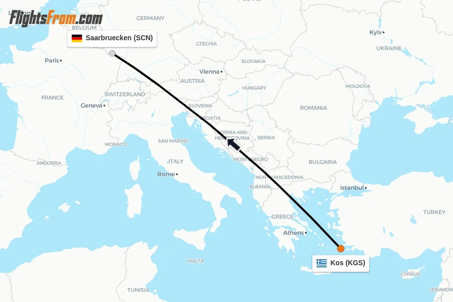 Flights from Kos to Saarbruecken route map