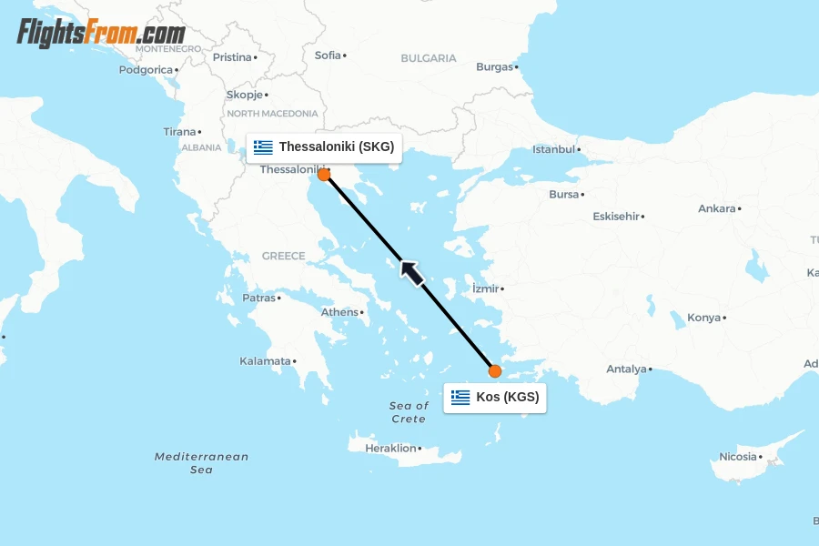 Flights from Kos to Thessaloniki route map