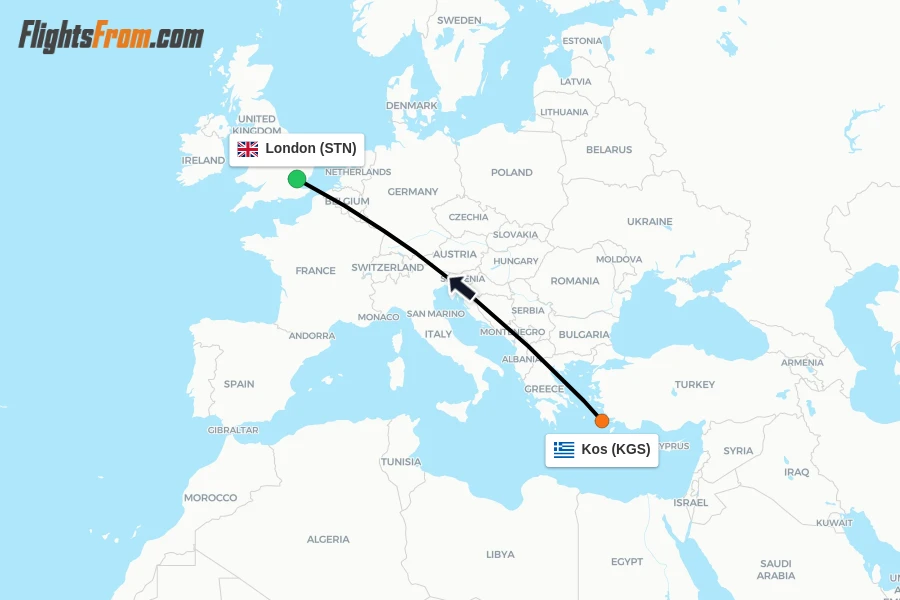 Flights from Kos to London route map