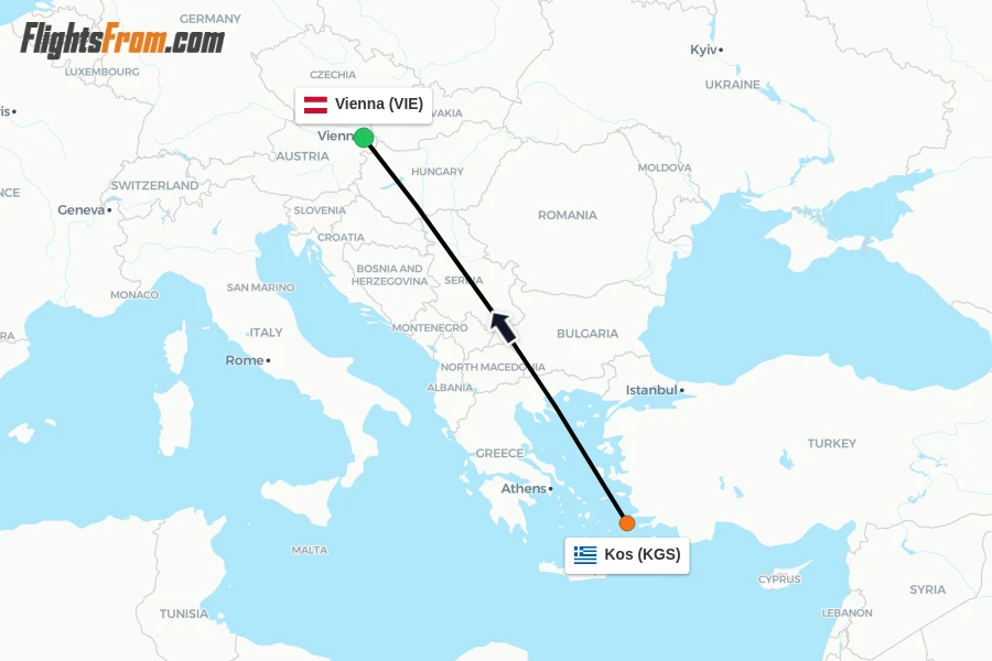 Flights from Kos to Vienna route map
