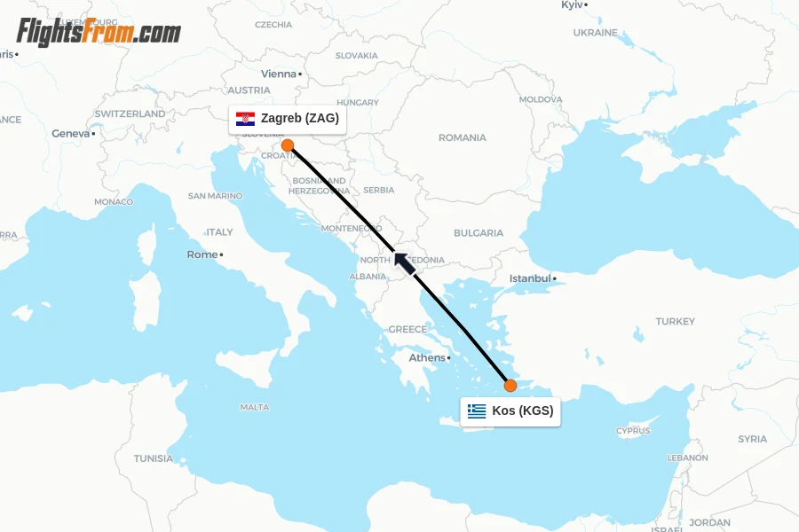 Flights from Kos to Zagreb route map