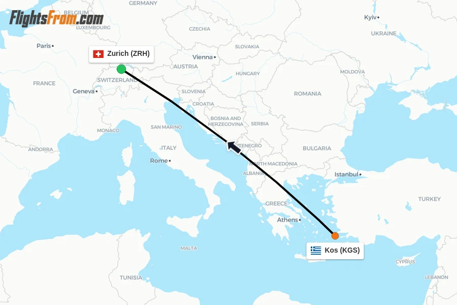 Flights from Kos to Zurich route map