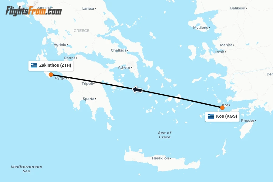 Flights from Kos to Zakinthos route map