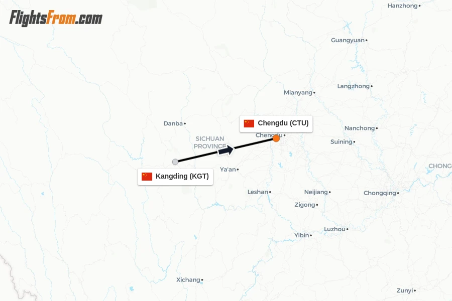 Flights from Kangding to Chengdu route map