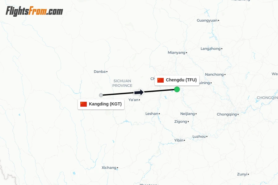 Flights from Kangding to Chengdu route map