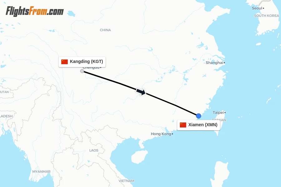 Flights from Kangding to Xiamen route map